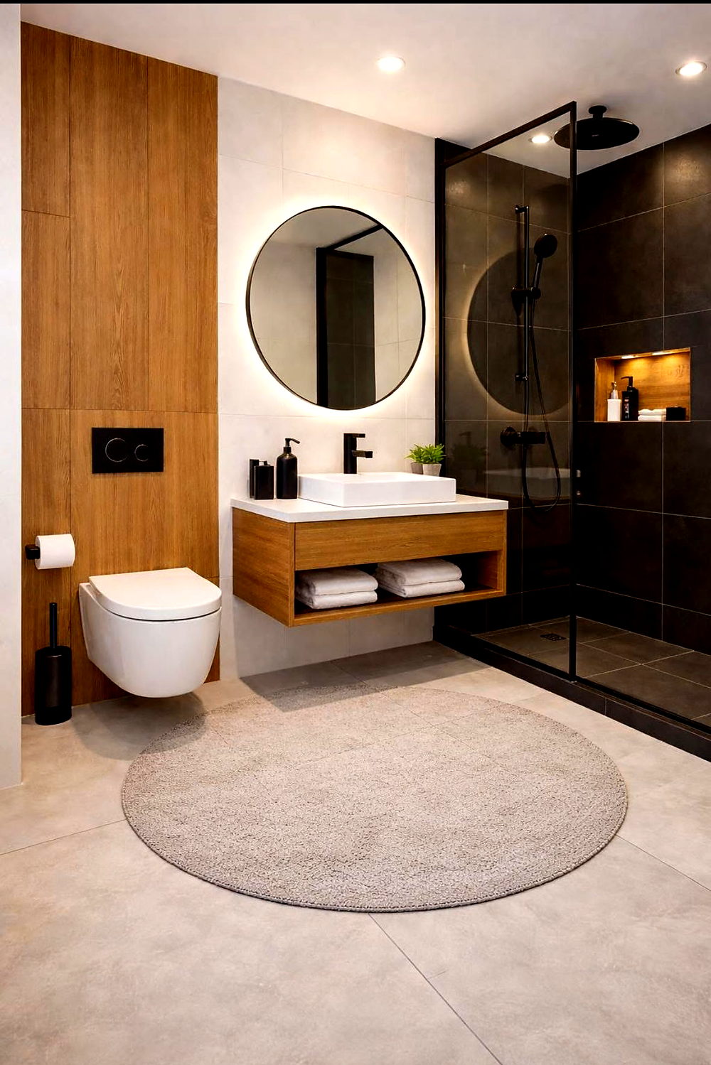 Badkamer met wastafelmeubel van hout en ronde spiegels