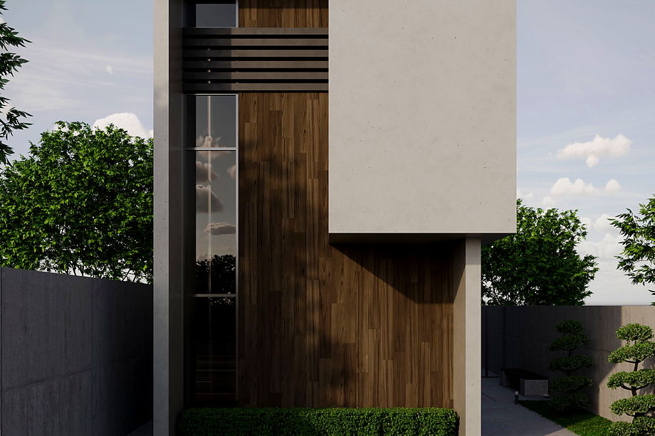 Nieuwbouwwoning met een gevel in lichte sierpleister naast houten gevelbekleding