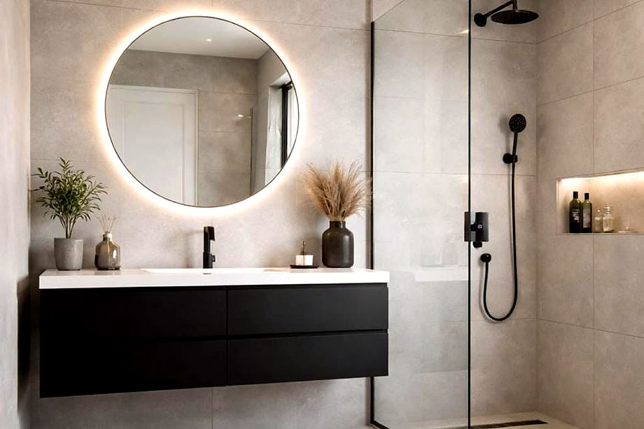 Badkamer met een zwart wastafelmeubel, een ronde spiegel met verlichting en een inloopdouche